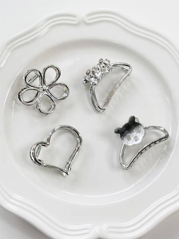 ANOUK Women Korean Style Silver Hair Clutcher Clips 4Pcs Mix Shape for Daily Use Hair Claw