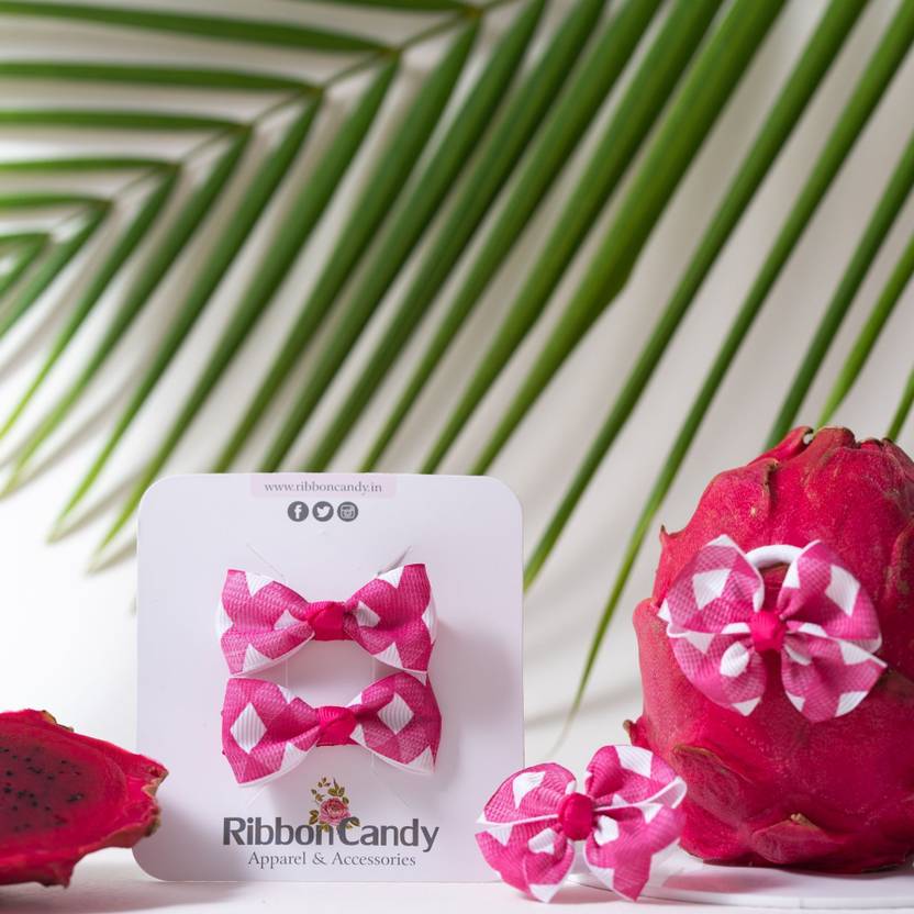 RibbonCandy Cute Chequered A Pair of Alligator Clip and A Pair of Rubberband - Pink, White Hair Accessory Set