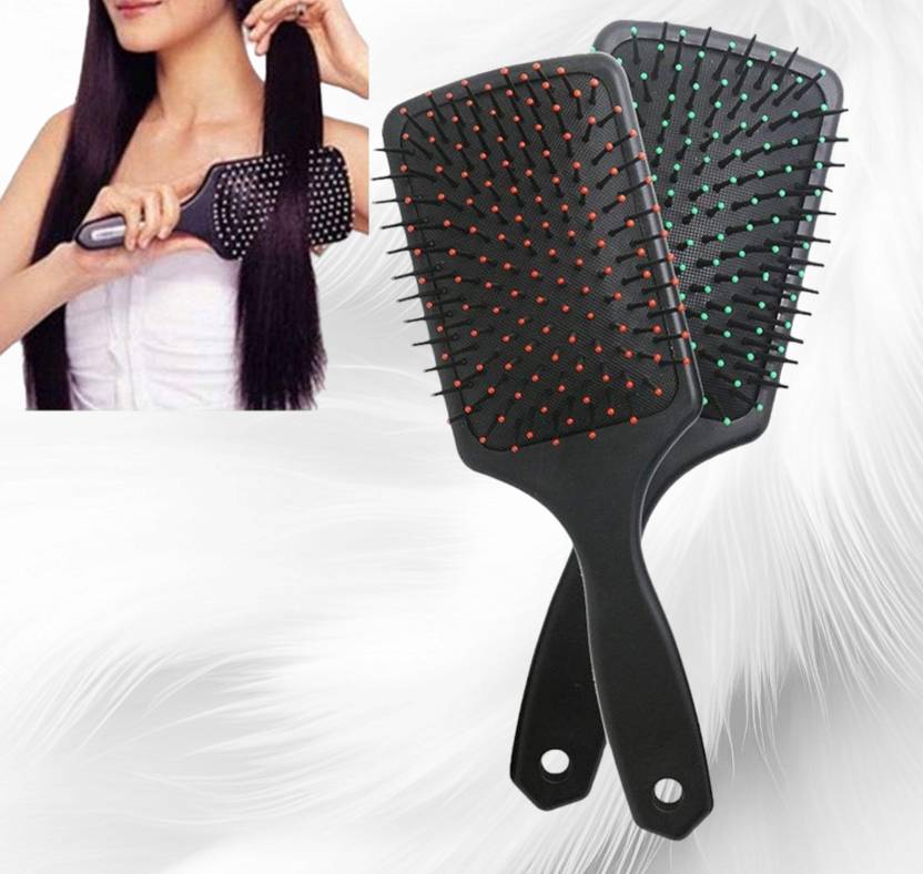BRM TRADERS 2 Pcs Cushioned Paddle Hair Brush Comb for Men and Women (Black)