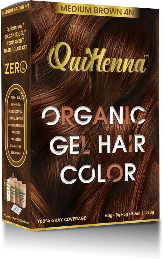 QuikHenna Damage Free Organic Gel Hair Color Medium Brown 4N 120g , Medium Brown