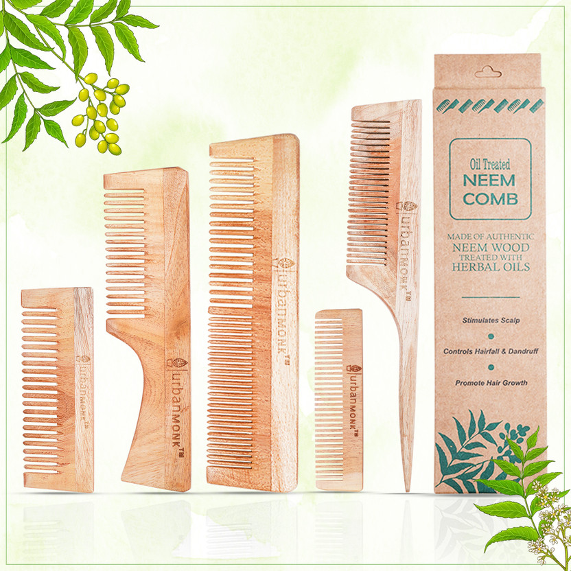 URBANMONK Neemholz-Kamm-Set (3-teilig) – Für Haarwachstum, Gegen Schuppen & Haarbruch, Duellzähne, Griff & Shampoo, Braun