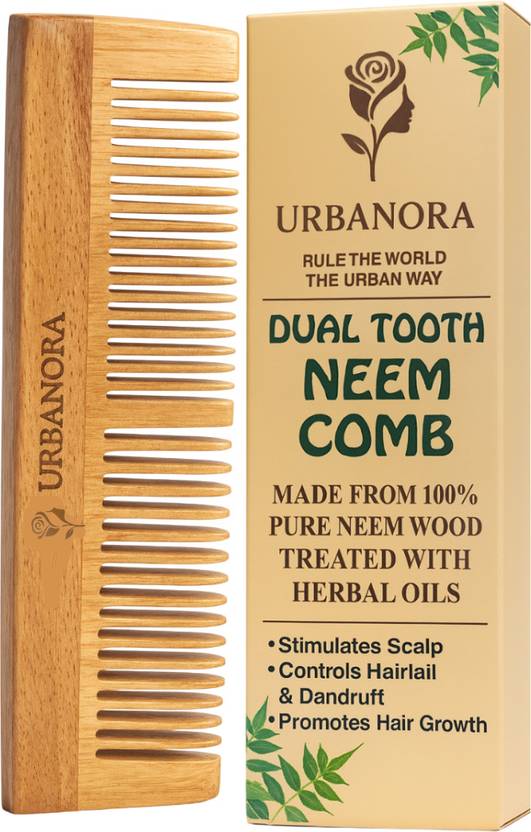 Urbanora Dual-Tooth Neem Wood Comb | Reduces Hairfall, Dandruff & Frizz Naturally