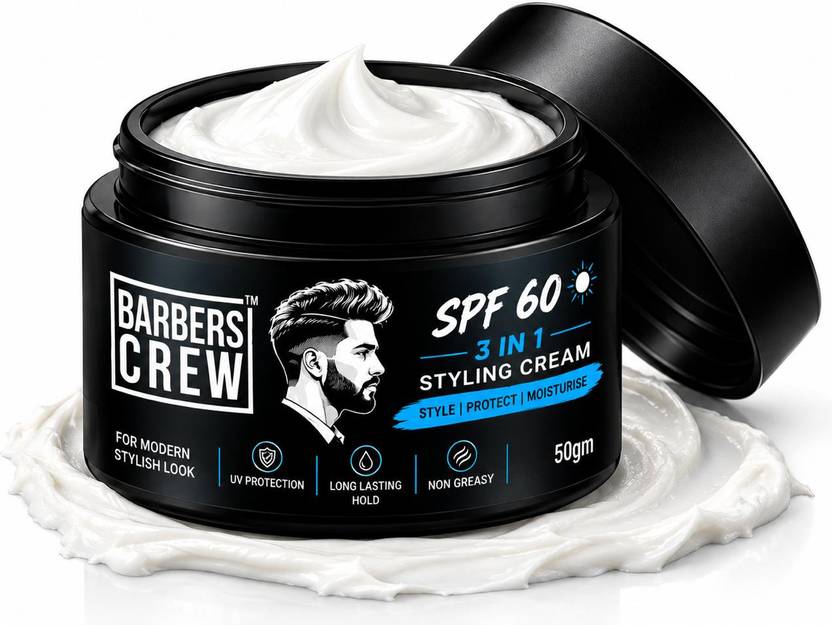 Barbers Crew Men's SPF 60 Hair Styling Cream | Non-Sticky Gel | (Strong Hold + Nourishment) Hair Cream