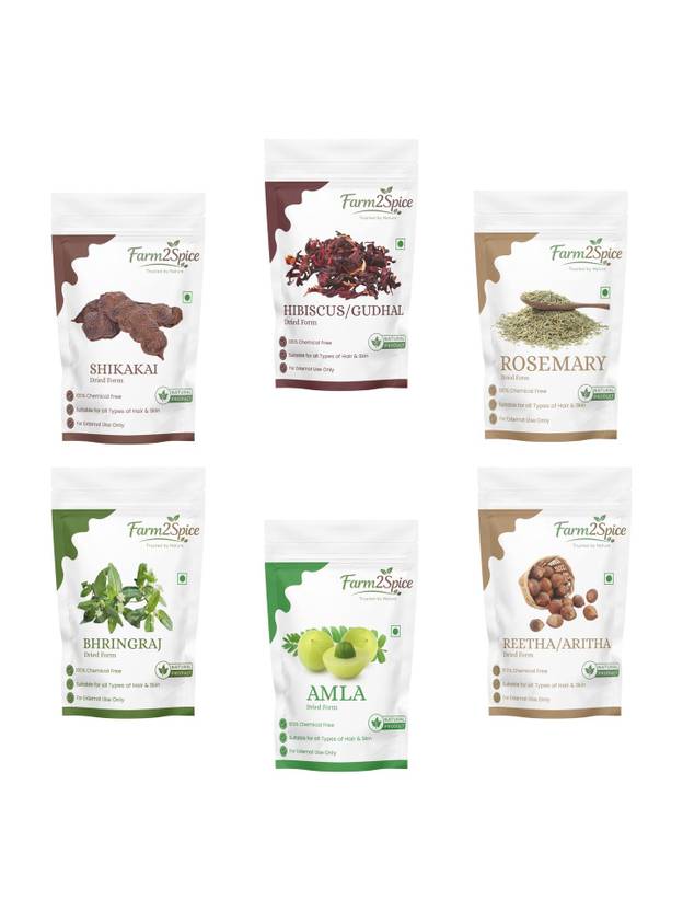 Farm2Spice Raw Reetha Amla Shikakai Hibiscus Rosemary Bhringraj Combo (30g x 6 Pack)