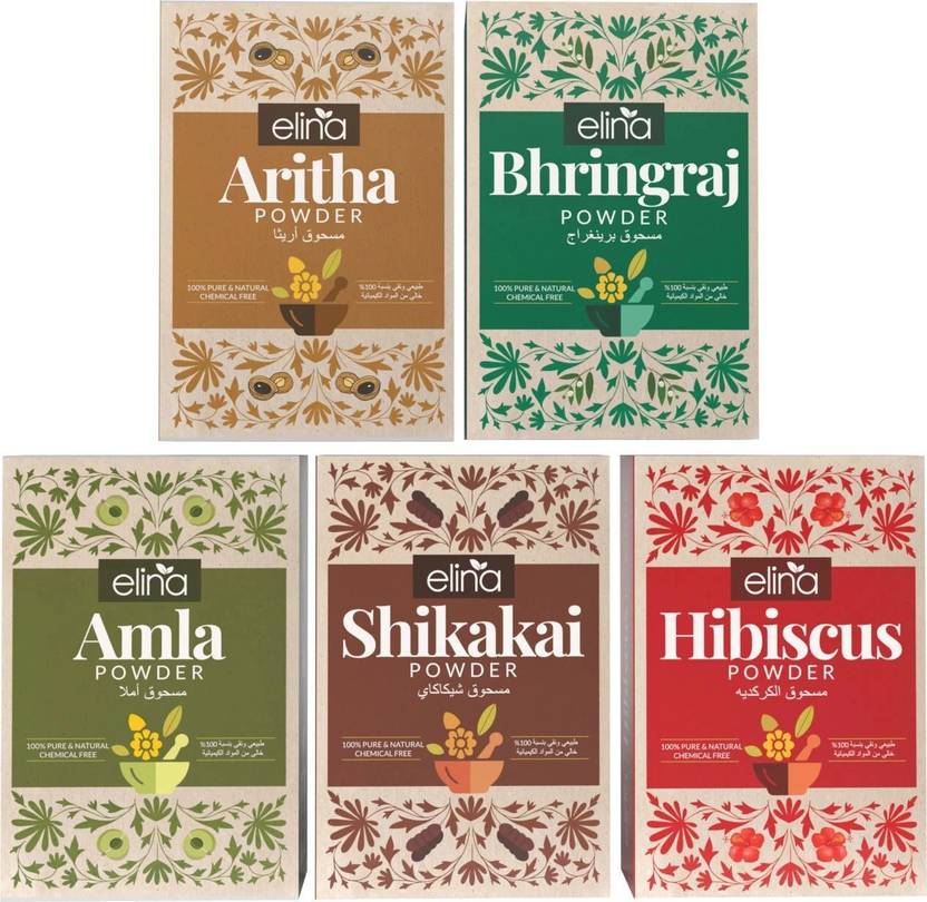 elina 100% Pure Organic Amla,Reetha,Shikakai,Bhringraj,Hibiscus Powder Combo for Hair
