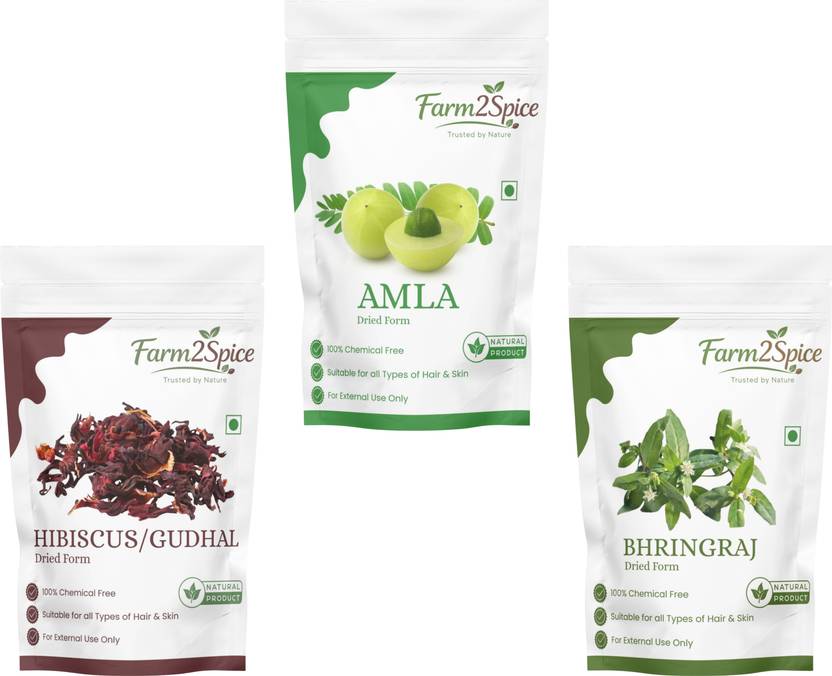 Farm2Spice Organic Raw Amla Bhringraj Hibiscus Combo for Hair Growth (30g x 3 Pack)