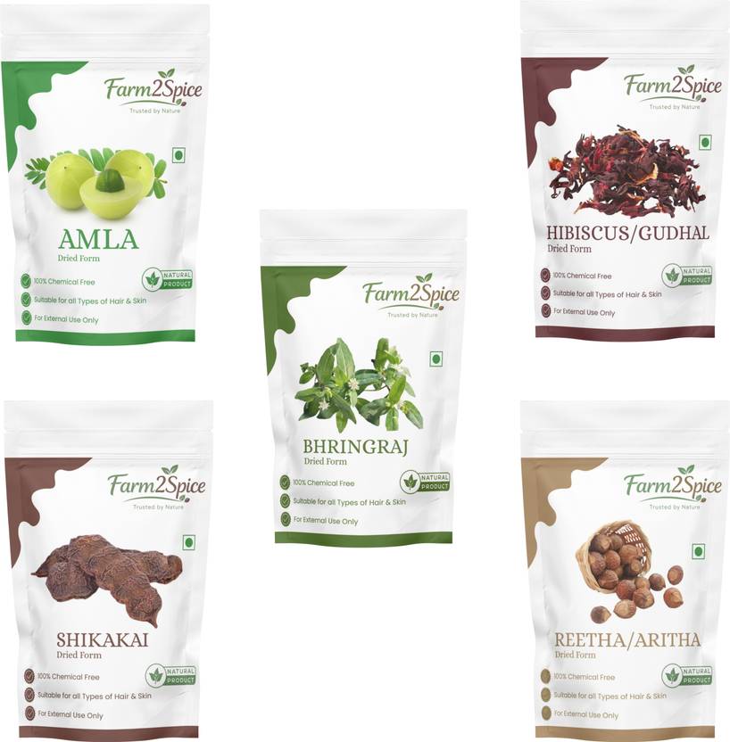 Farm2Spice Raw Reetha Amla Shikakai Bhringraj Hibiscus Hair Care Combo (30g x 5 Pack)