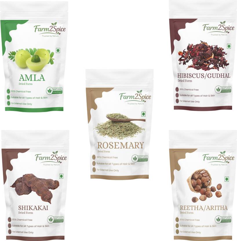 Farm2Spice Raw Reetha Amla Shikakai Hibiscus Rosemary Hair Care Combo (30g x 5 Pack)