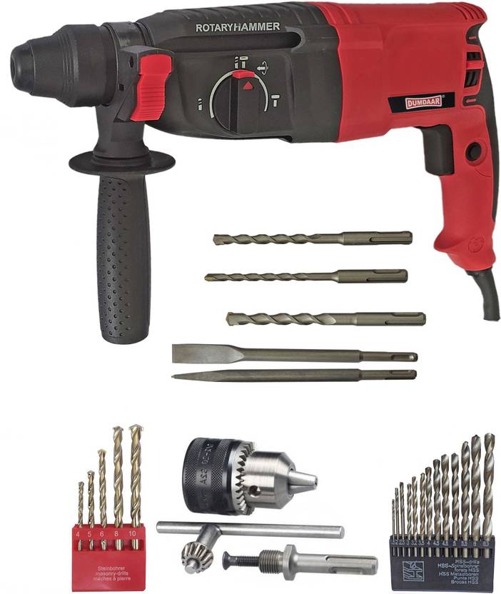 DUMDAAR DM26 1250W Hammer Drill Machine 26mm with 5pc bit 13mm drill chuck & Adaptor 13pc HSS