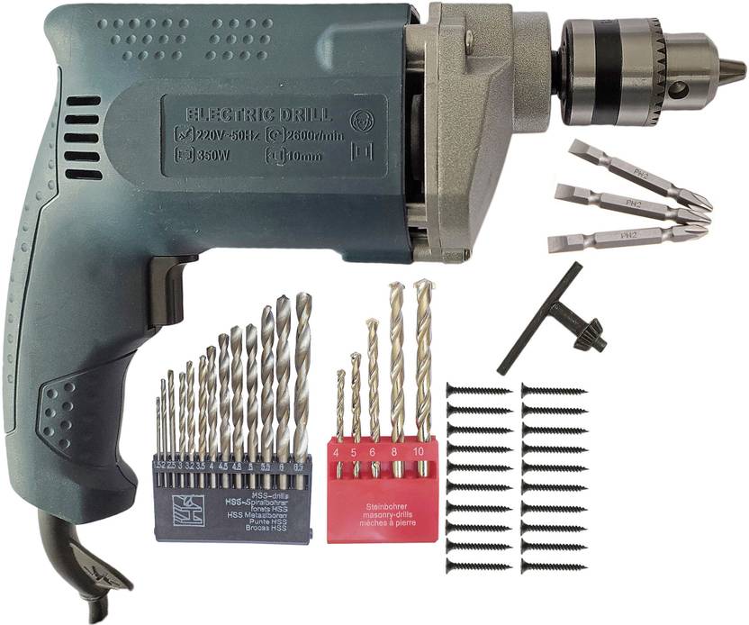 DUMDAAR 6Month Warranty 10mm Electric drill machine 350w with 3pc Ph2 + 5pc Masonry 13pc HSS