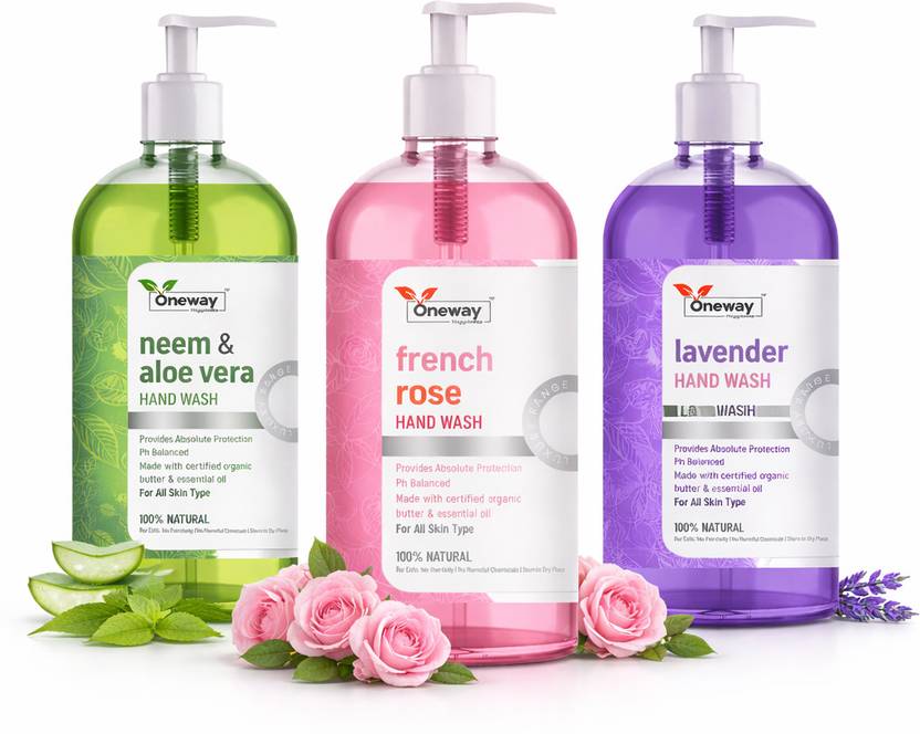 Oneway Happiness Liquid Hand Wash Combo Pack of 3 Neem & Aloe Vera, French Rose, Lavender Hand Wash Refill + Dispenser