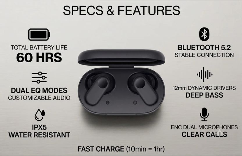 KICHAIN Bluetooth Headphone Buds Black - Image 5