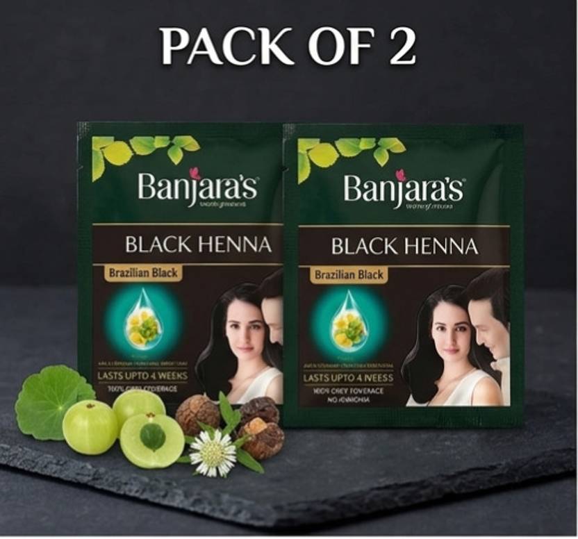 Banjaras Black Henna - Brazilian Black (Pack of 2) | Natural Hair Color (18g)
