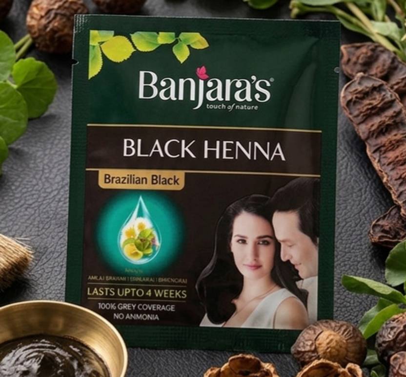 Banjaras Black Henna Powder - Brazilian Black | 100% Grey Coverage, Hair Color(9gm)