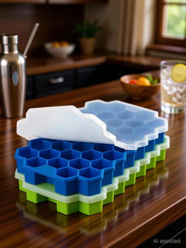 Urban Utopia 37 Cavity Food Grade Silicone Honeycomb Ice Cube Mold Tray with Spill Proof Lid Multicolor Plastic, Silicone Ice Cube Tray