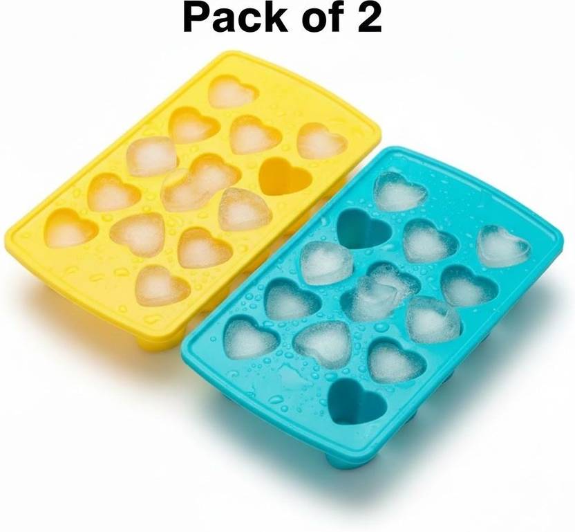 DeoDap Plastic Heart-Shaped Ice Cube Tray - Easy-Release Ice Mold for Freezer Yellow, Blue Plastic Ice Cube Tray
