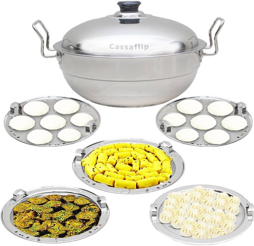 CASSAFLIP All-in-One Stainless Steel Idli Cooker Multi Kadai Steamer with Induction Bottom, Big Size with 5Plates 2Idli; 2 Dhokla; 1 Patra Induction & Standard Idli Maker