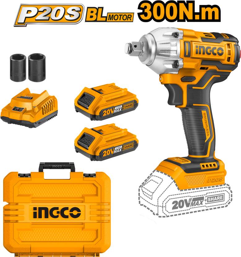 INGCO 20V Brushless Motor Lithium-ion Impact Wrench with 2 Batteries ...