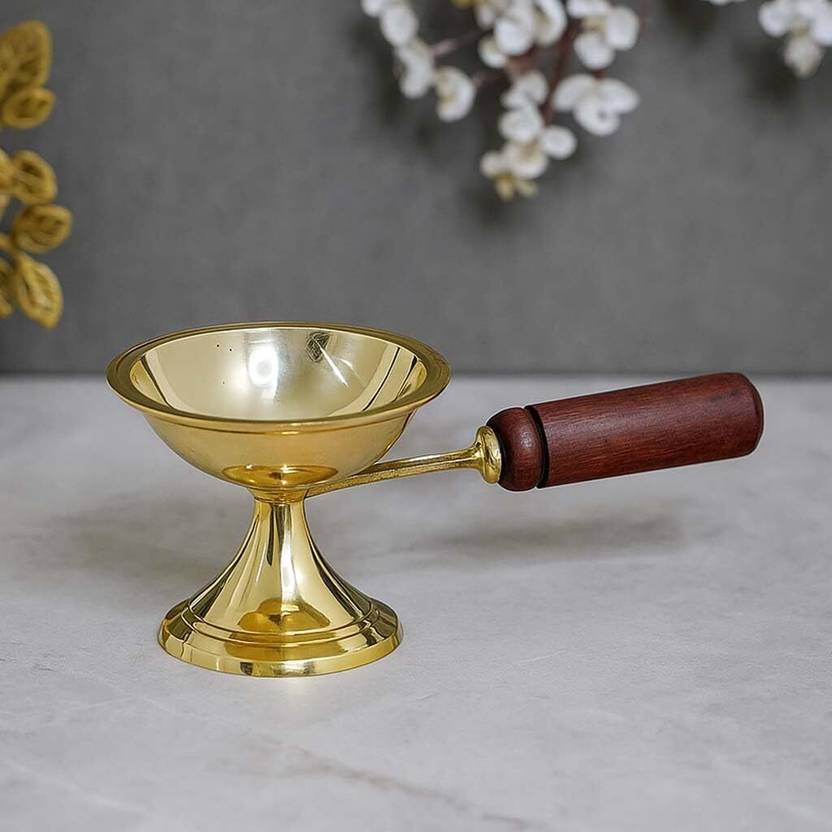 Ekhasa Brass Dhoop Dani with Wooden Holder | Loban Kapoor Sambrani Burner for Puja Brass, Wooden Incense Holder
