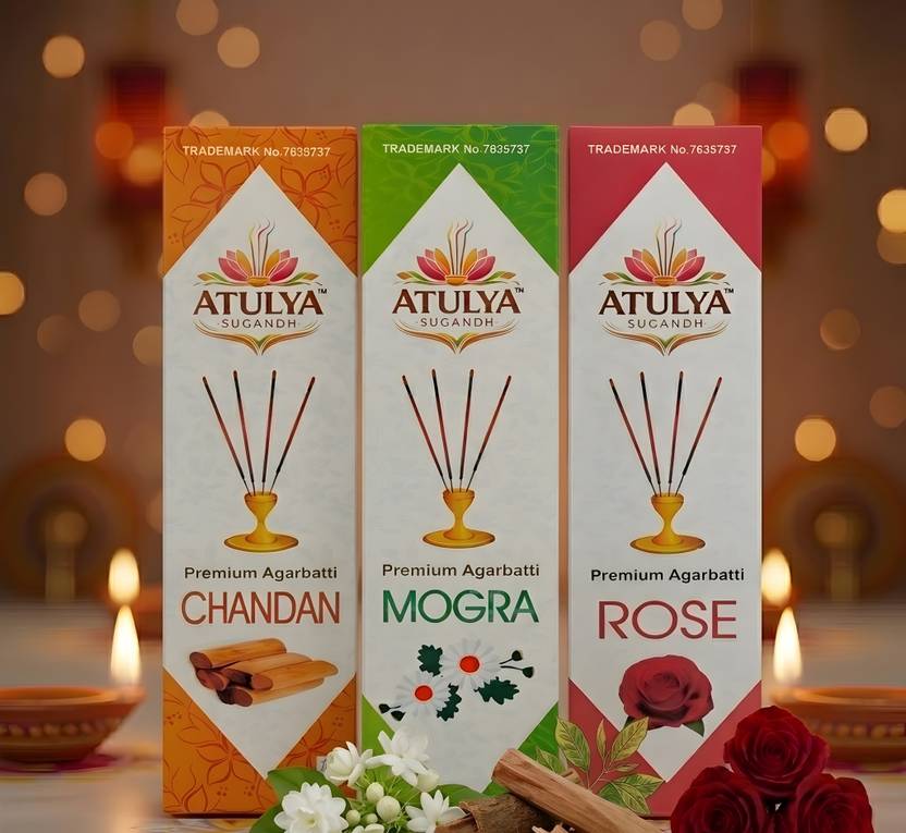 Atulya Sugandh Premium Agarbatti Pack of 3, 60g each Chandan_Mogra_Rose