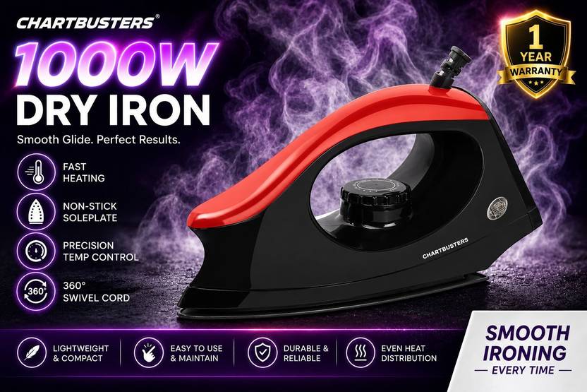 Chartbusters by CHARTBUSTERS New Majestick DRY Iron NON STICK SOLEPLATE 750 w 1000 W Dry Iron