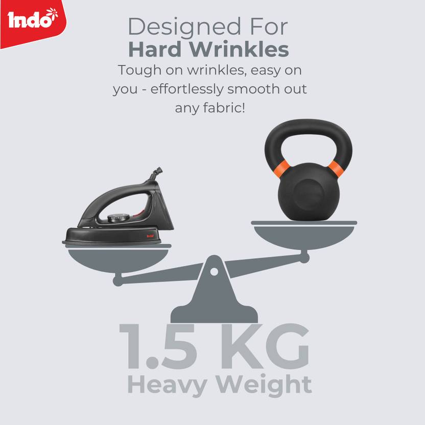 Indo 1000 Watts Heavyweight Dry Iron | Quick Heat up | Shockproof Iron | Non-stick | 1000 W Dry Iron Black