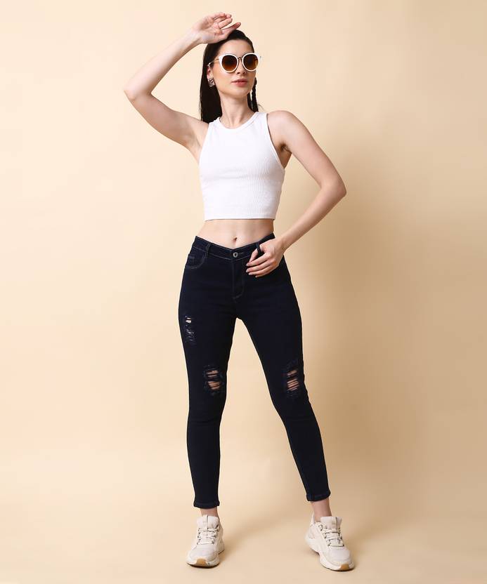 Women Skinny Mid Rise Dark Blue Jeans