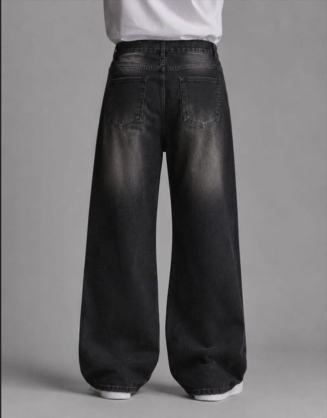 Veliume Men Wide Leg Mid Rise Dark Grey Jeans - Image 2