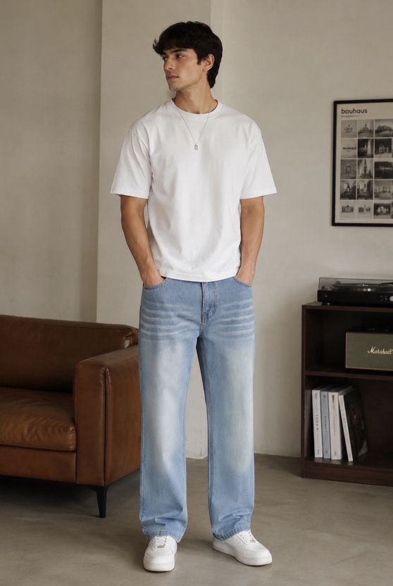 AJJ Men Wide Leg Mid Rise Blue Jeans - Image 3