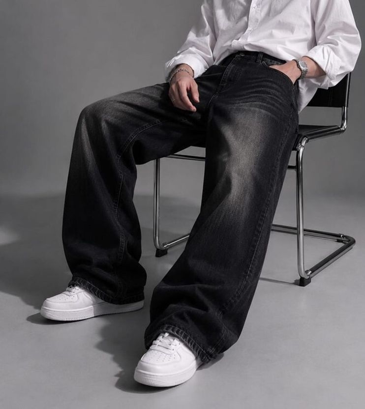 Veliume Men Wide Leg Mid Rise Dark Grey Jeans - Image 3