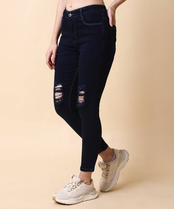 Women Skinny Mid Rise Dark Blue Jeans