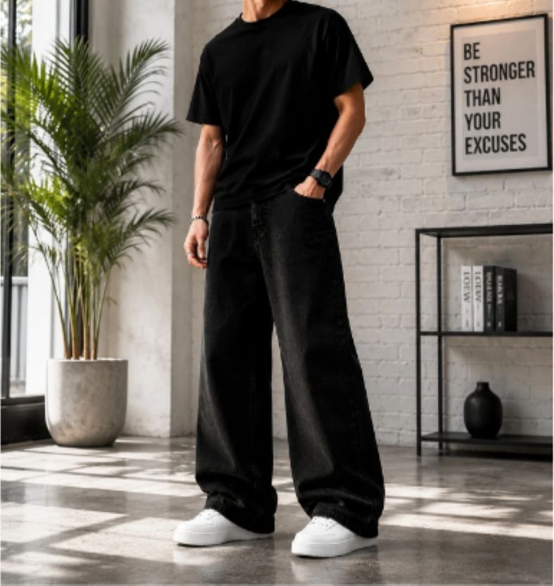 Yagan Men Baggy Fit Mid Rise Black Jeans - Image 6