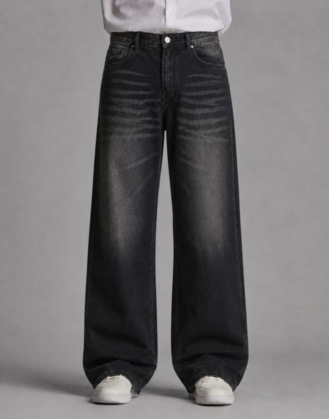 Veliume Men Wide Leg Mid Rise Dark Grey Jeans - Image 1