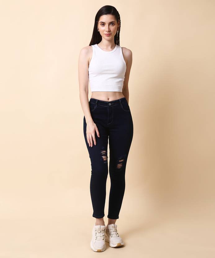 Women Skinny Mid Rise Dark Blue Jeans