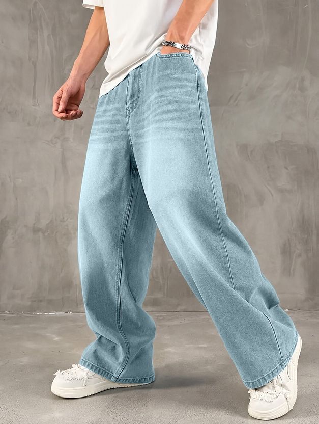Plus91 Men Baggy Fit Mid Rise Light Blue Jeans - Image 1
