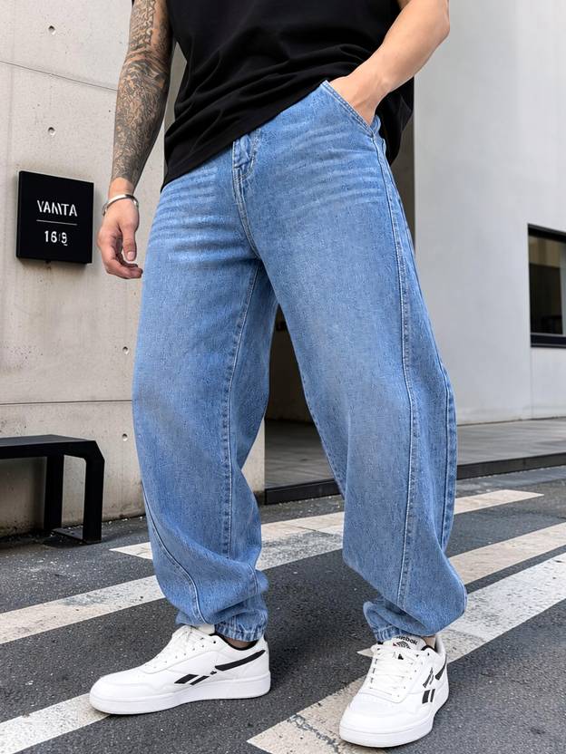 Styzon Men Barrel Fit Mid Rise Light Blue Jeans