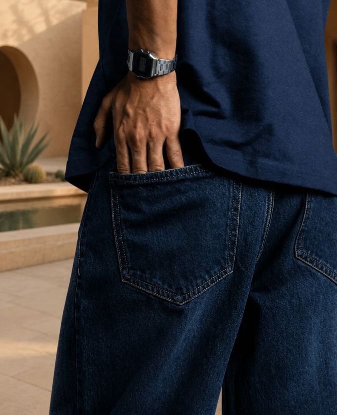 Playfeel Men Baggy Fit Mid Rise Dark Blue Jeans - Image 4