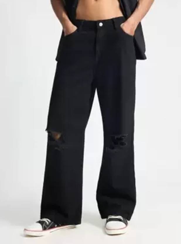 linaria Men Loose Fit Mid Rise Black Jeans