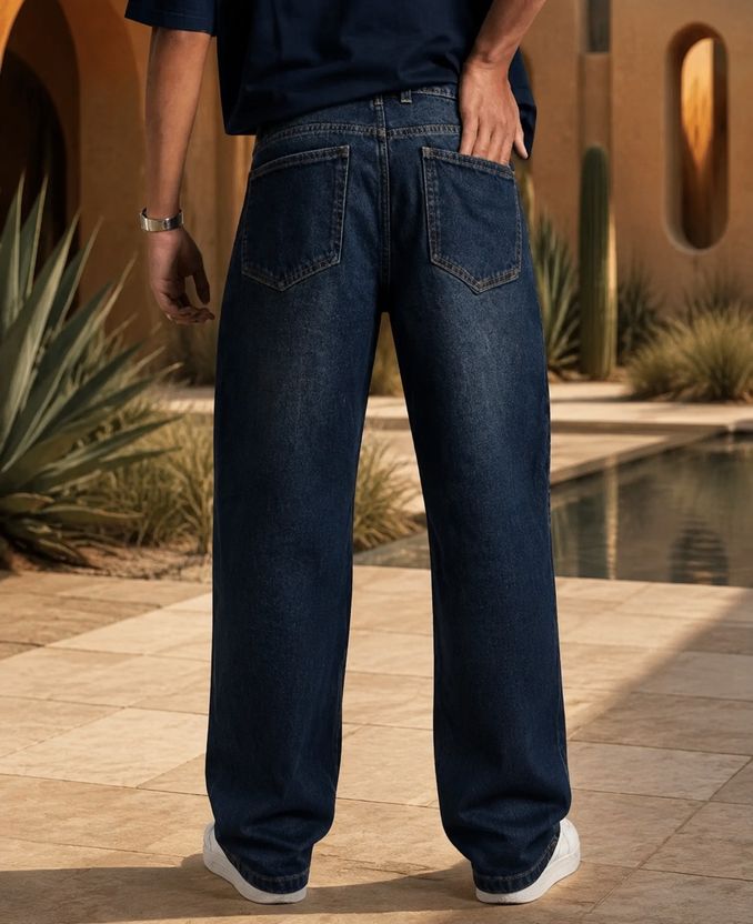 Playfeel Men Baggy Fit Mid Rise Dark Blue Jeans - Image 2