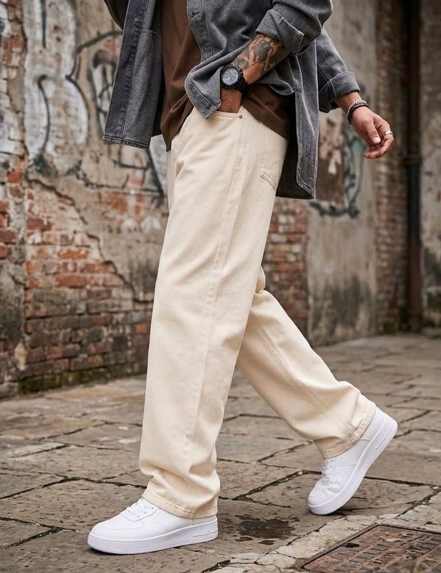 UrbanUptrend Men Loose Fit Mid Rise Beige Jeans - Image 1