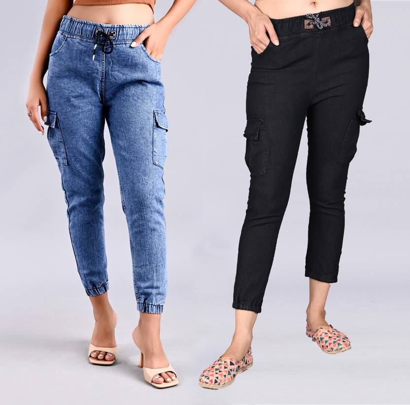 Women Jogger Fit Mid Rise Black, Blue Jeans  (Pack of 2)