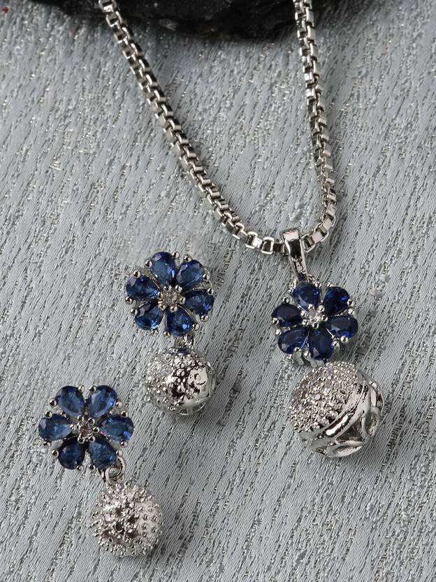 ZENEME Brass Rhodium Blue Jewel Set
