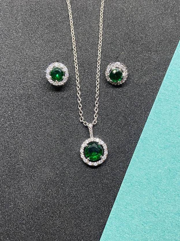 Aviate Alloy Silver Green Jewellery Set