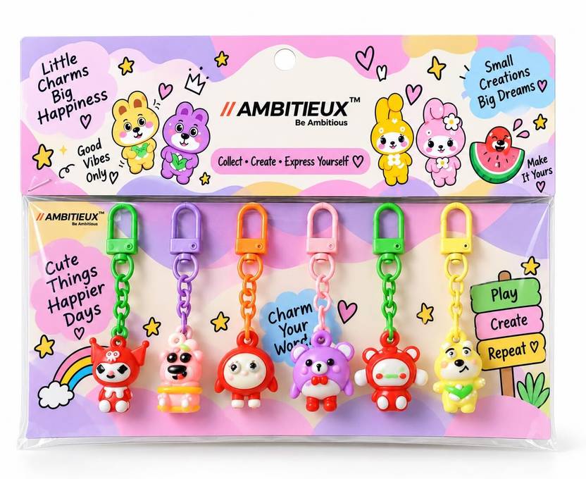 ambitieux Cute Character Bag Charms with Clips - Pack of 6 Key Chain