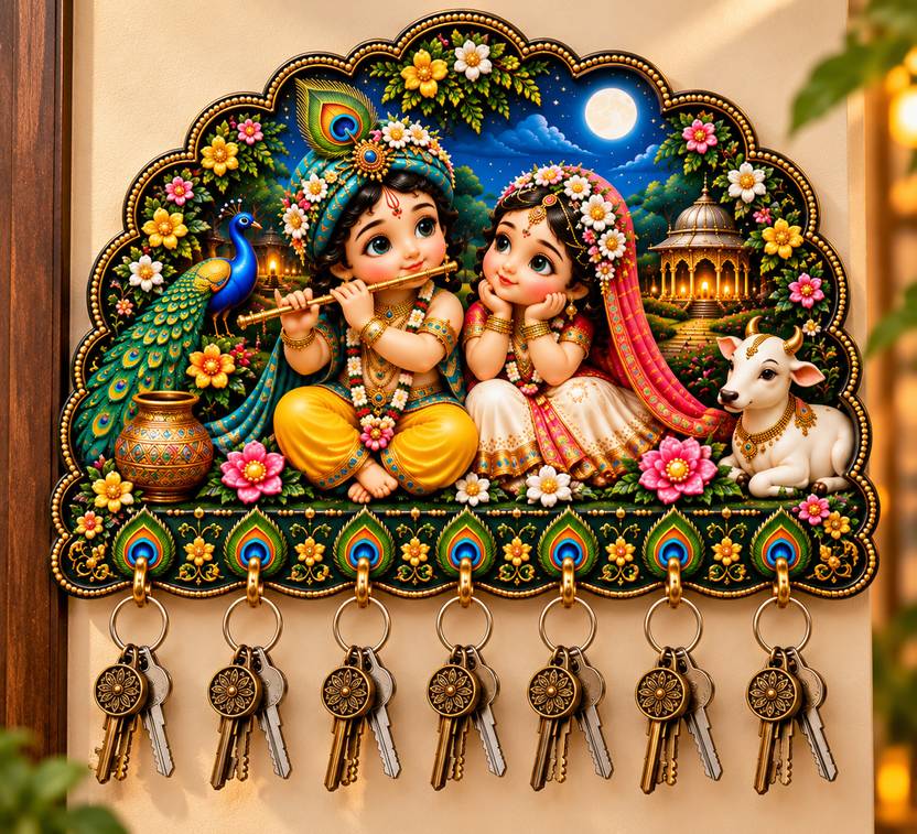 CAPIO ART Divine Baby Radha Krishna Wooden Key Holder/Cute Baby Radha Krishna key hanger Wood Key Holder