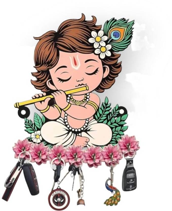 Anee The World Cute Baby Krishna Design – Wall Mounted Key Hanger for Home & Office Decor Wood Key Holder