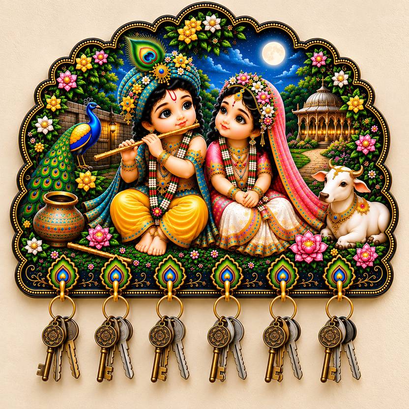 CAPIO ART Wooden Radha Krishna Designer Key Holder Wood Key Holder