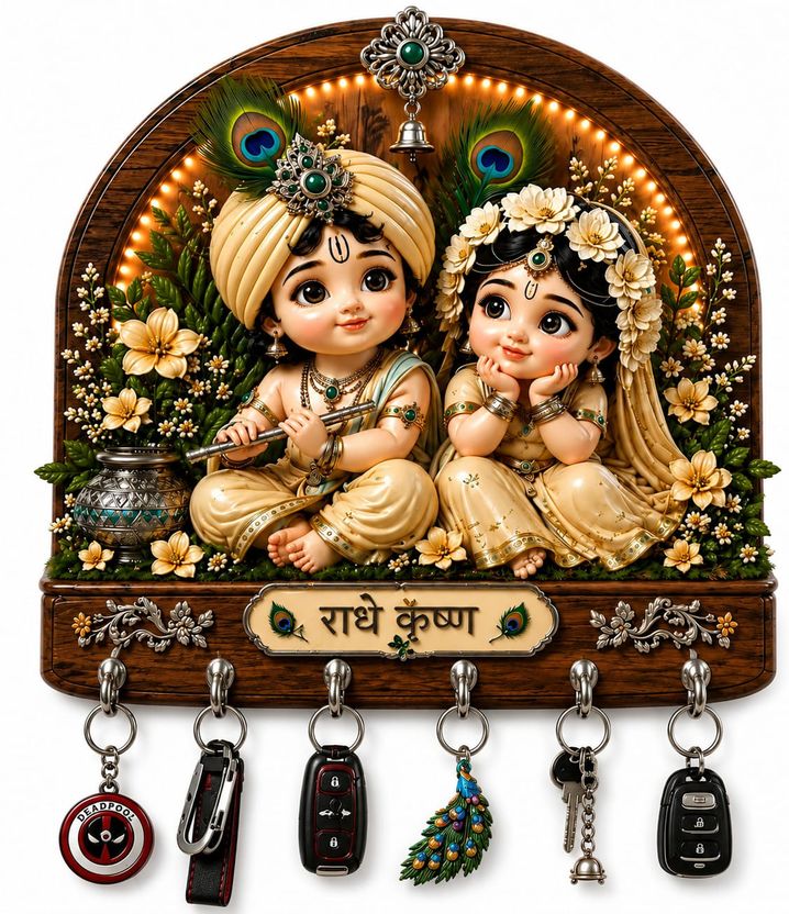 CAPIO Divine Baby Radha Krishna Wooden Key Holder - Image 1