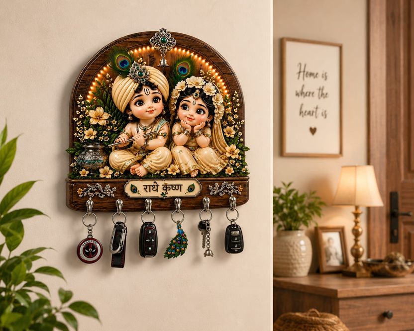 CAPIO Divine Baby Radha Krishna Wooden Key Holder - Image 2