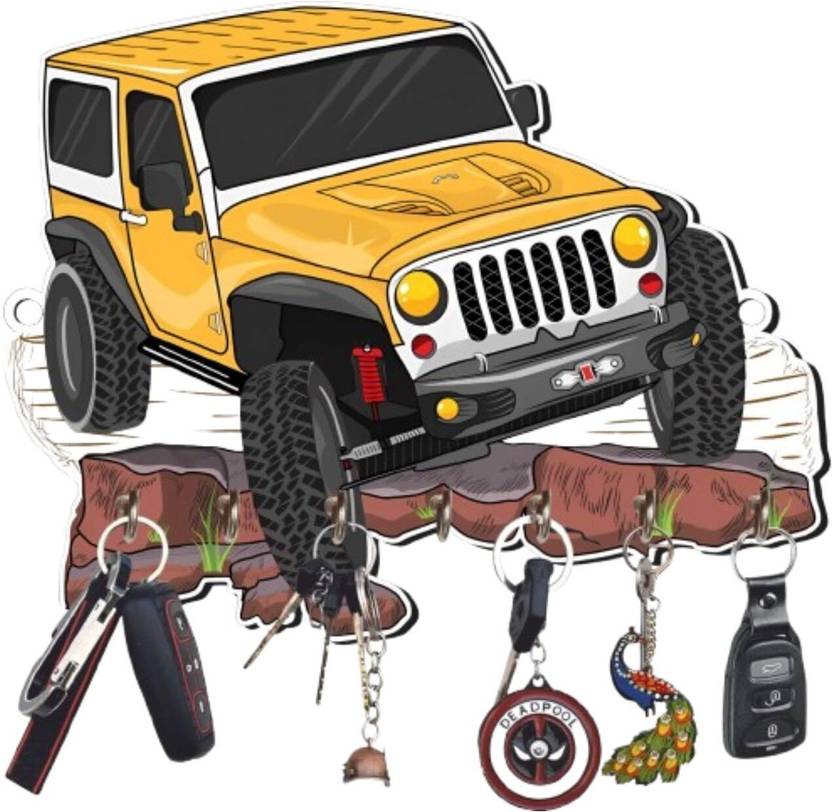 JaipurCrafts Antique HD UV Printed Yellow Mahindra Thar Car Shape Designer Wooden Wood Key Holder